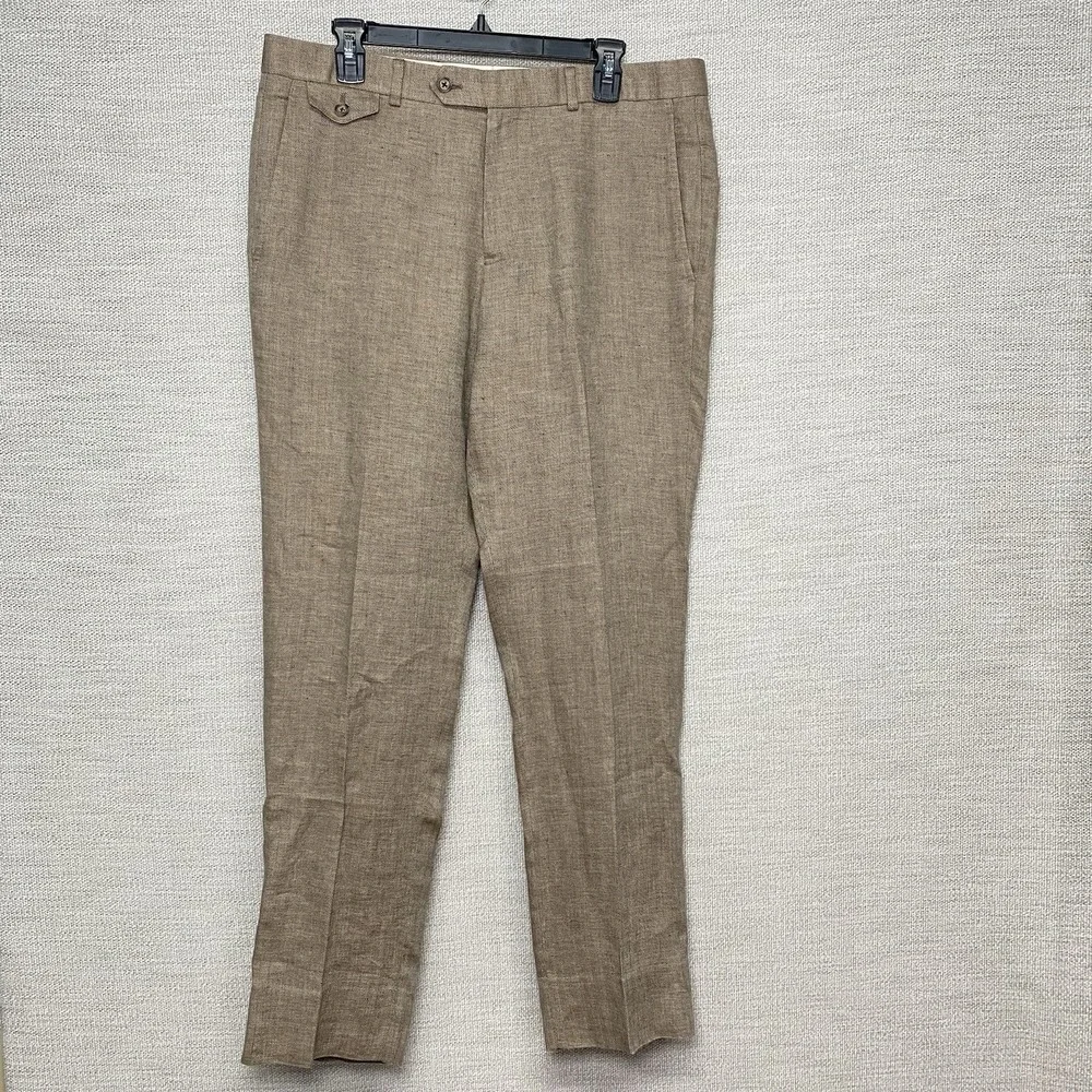Brooks Brothers Classic Linen Pants Solbiati Nobel (36x32) Brown Herringbone